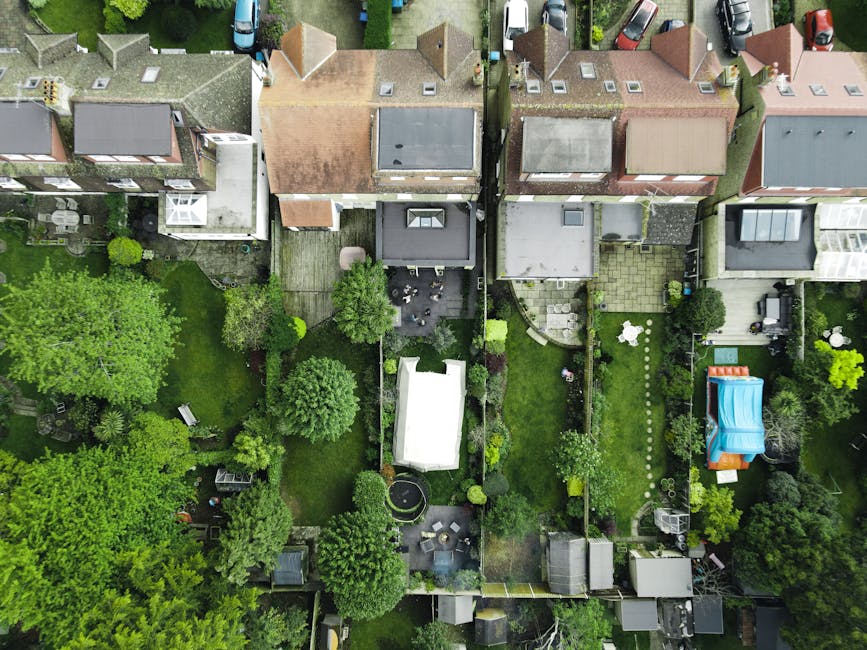 An aerial view of a suburban backyard during daytime, showcasing a well-maintained lawn with neatly trimmed grass bordered by garden beds filled with various lush green shrubs and small trees. On the
